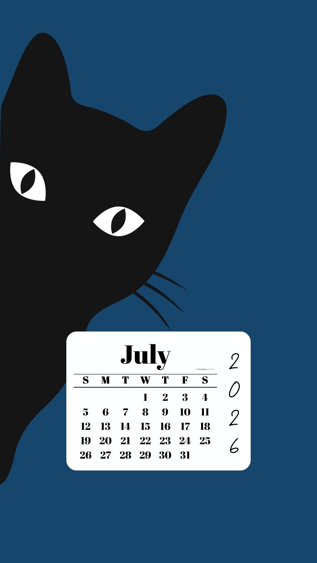 July Phone Wallpaper 2026 - Black Cat Blue Background | SaturdayGift