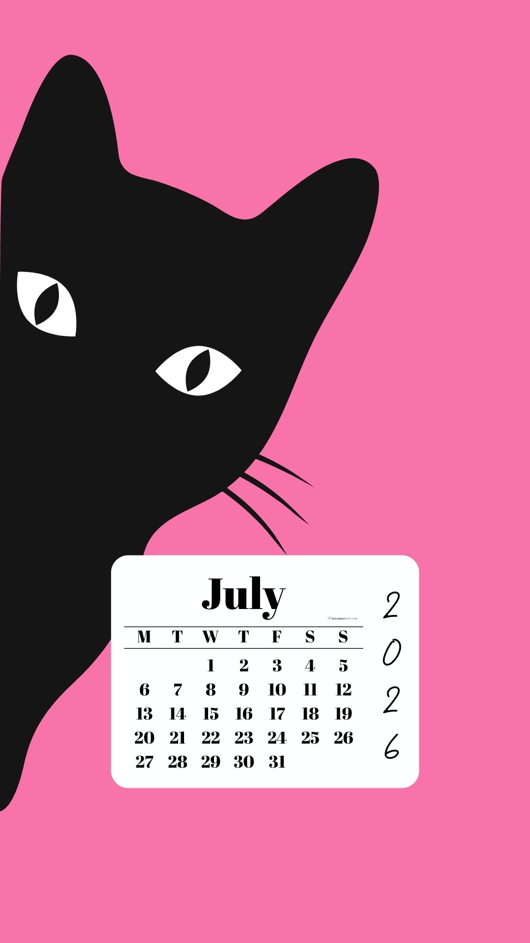 July Phone Wallpaper 2026 - Black Cat Pink Background | SaturdayGift