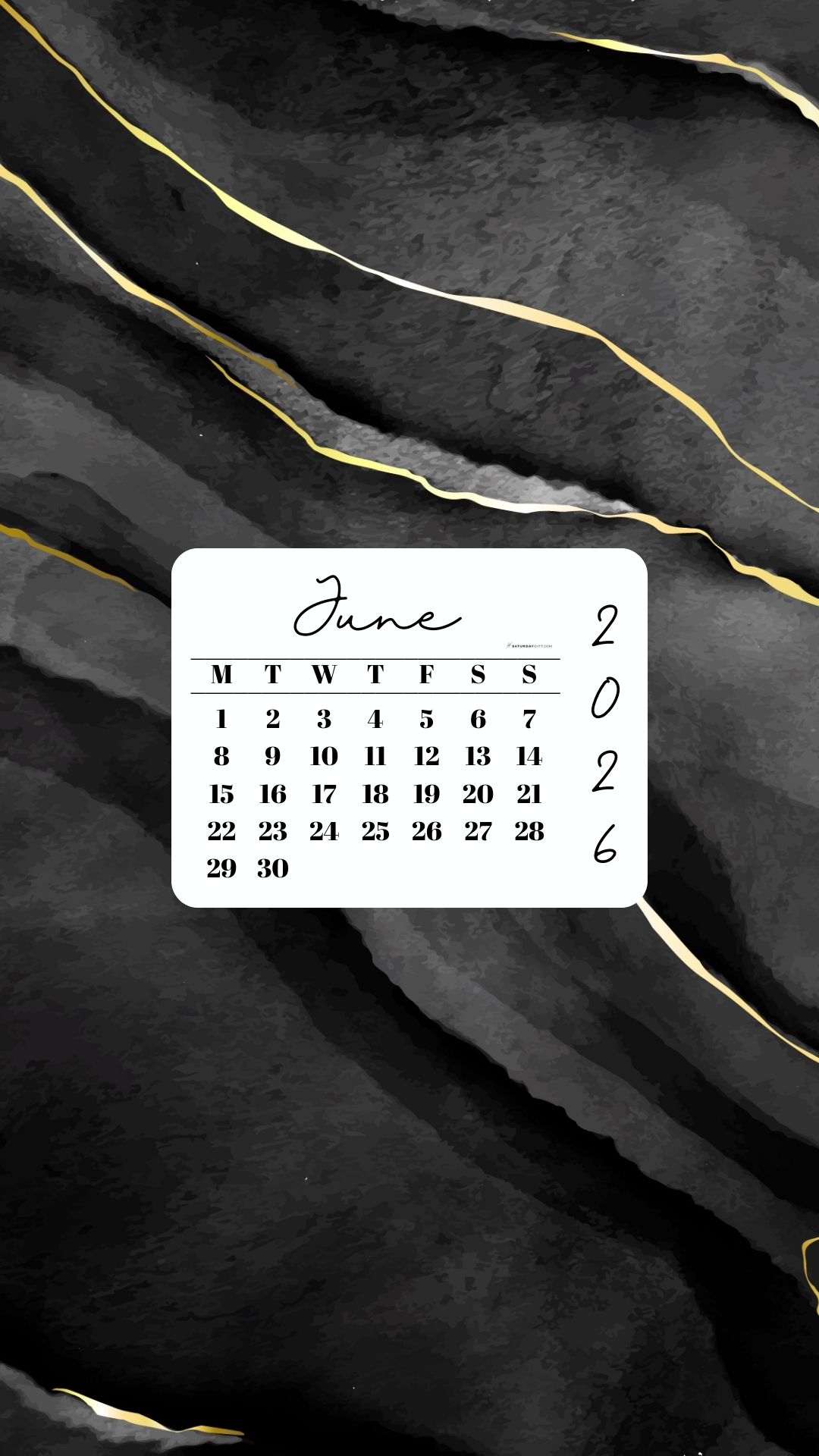 June 2026 Phone Wallpaper Background - Black & Gold Watercolor | SaturdayGift