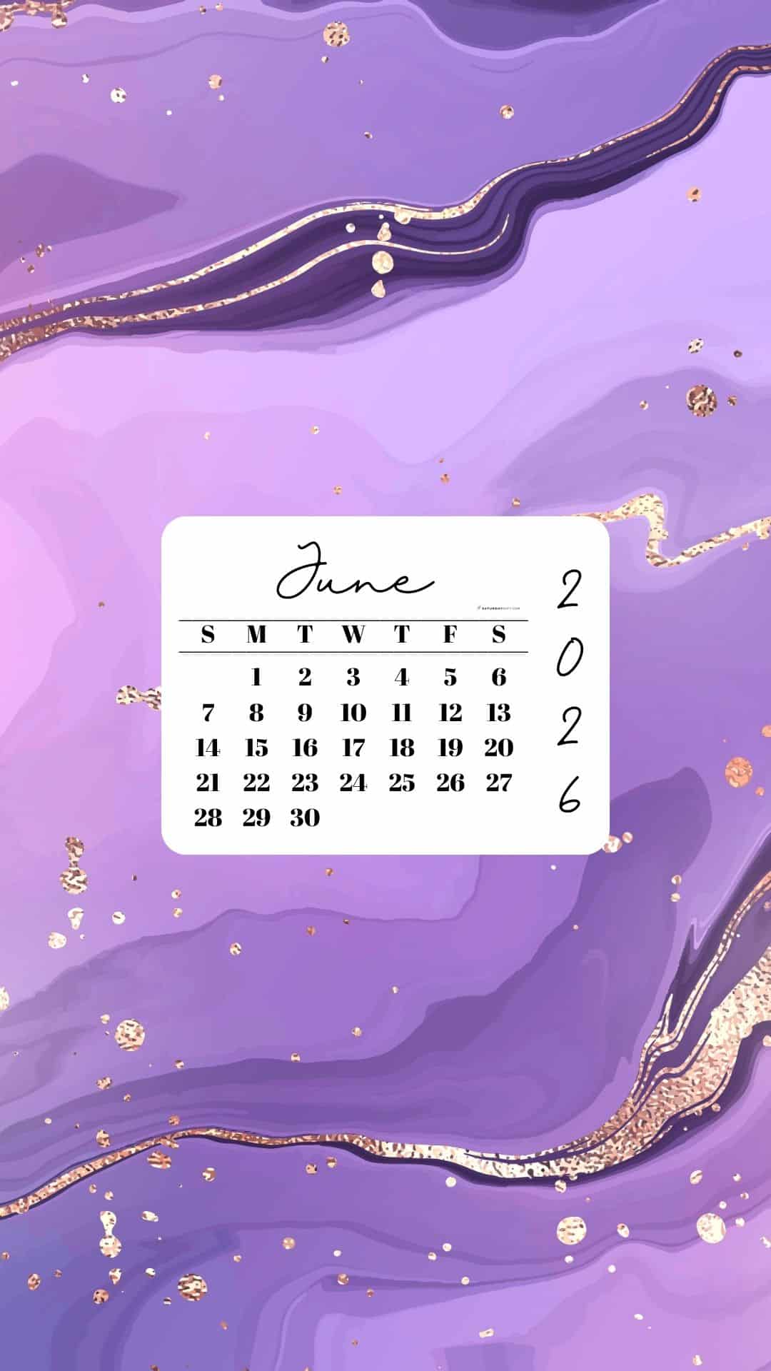 June 2026 Phone Wallpaper Background - Gold & Lilac | SaturdayGift