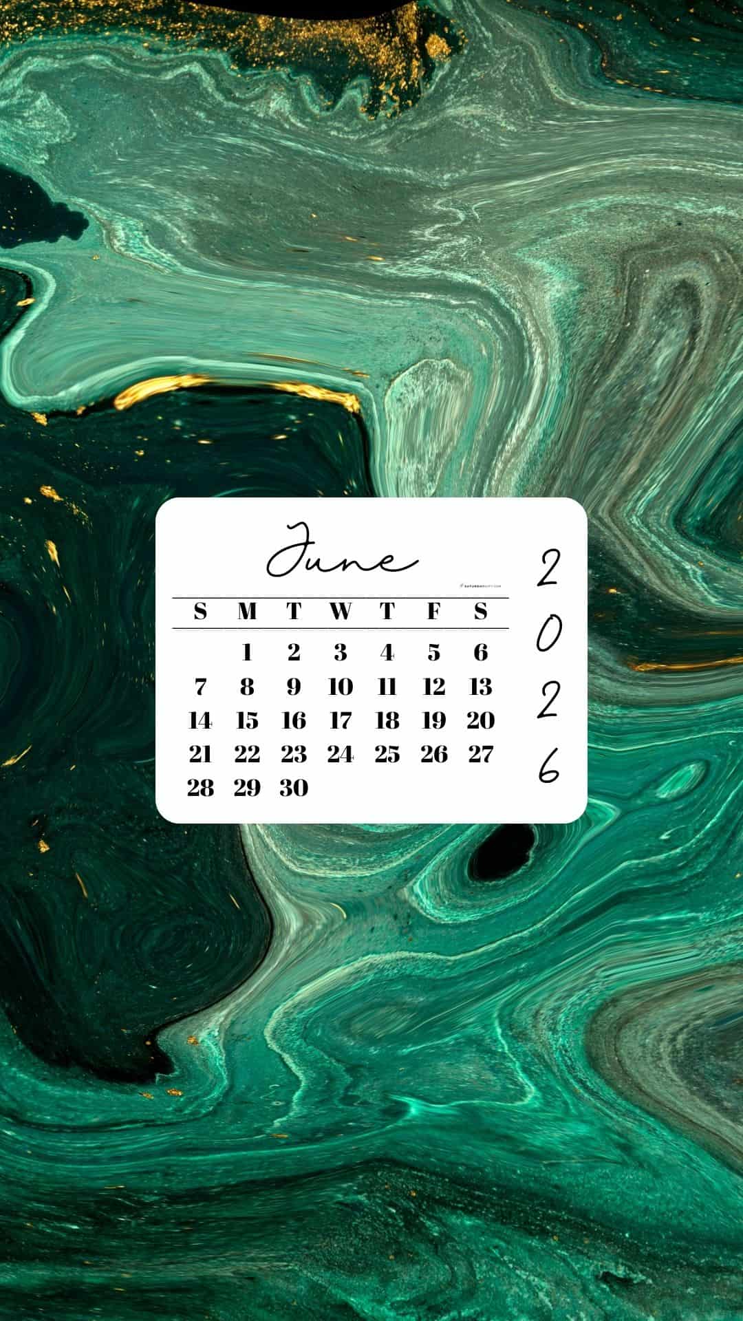 June 2026 Phone Wallpaper Background - Green & Gold | SaturdayGift