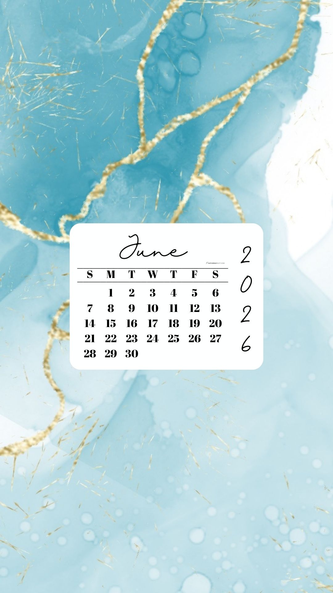 June 2026 Phone Wallpaper Background - Turquoise Marble | SaturdayGift