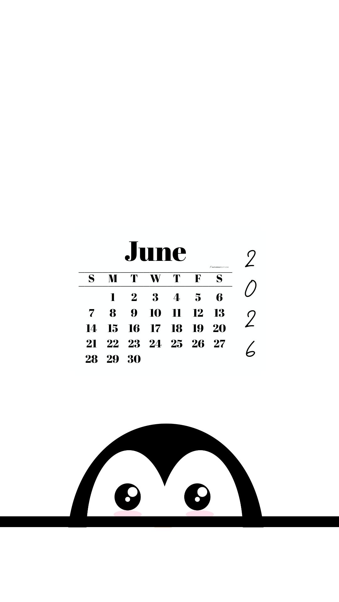 June 2026 Wallpaper for Phone - Shy Penguin | SaturdayGift