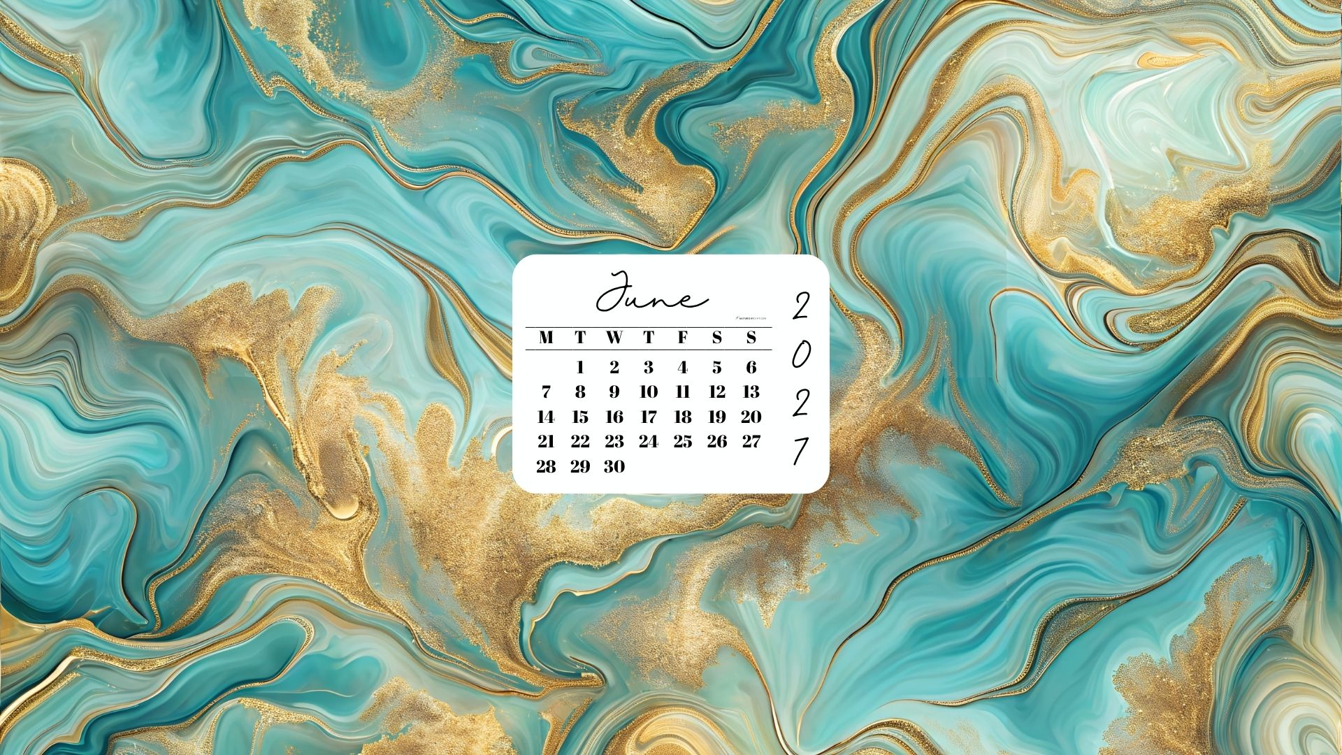 June 2027 Desktop Wallpaper Background - Gold & Turquoise | SaturdayGift