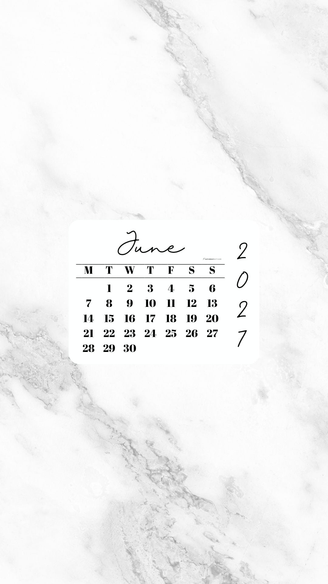 June 2027 Phone Wallpaper Background - White Marble | SaturdayGift