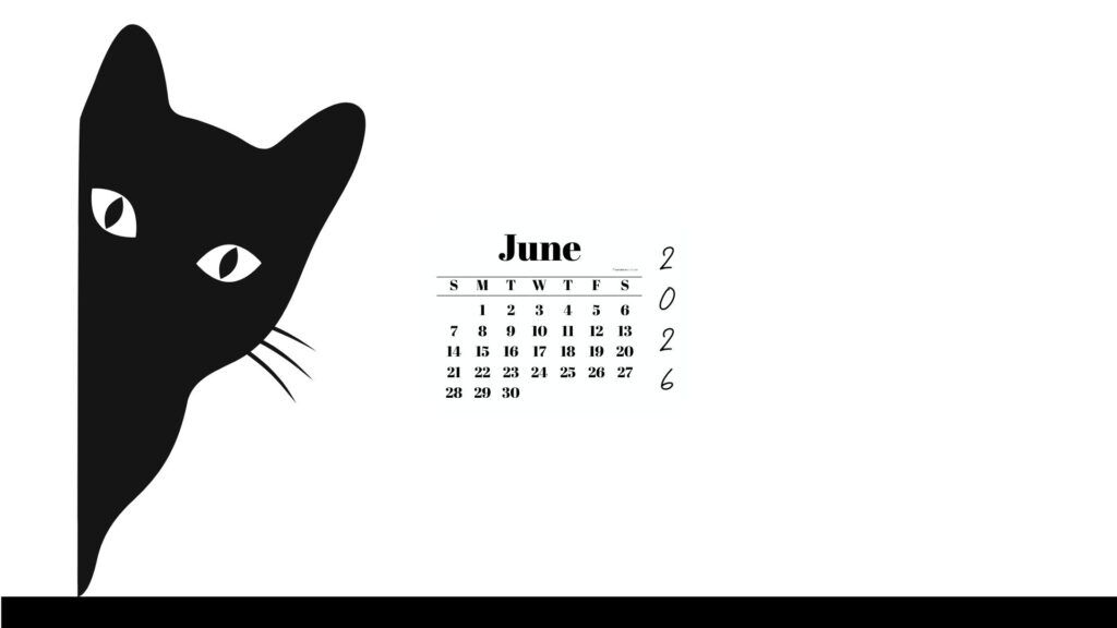 June Desktop Wallpaper 2026 - Black Cat White Background | SaturdayGift