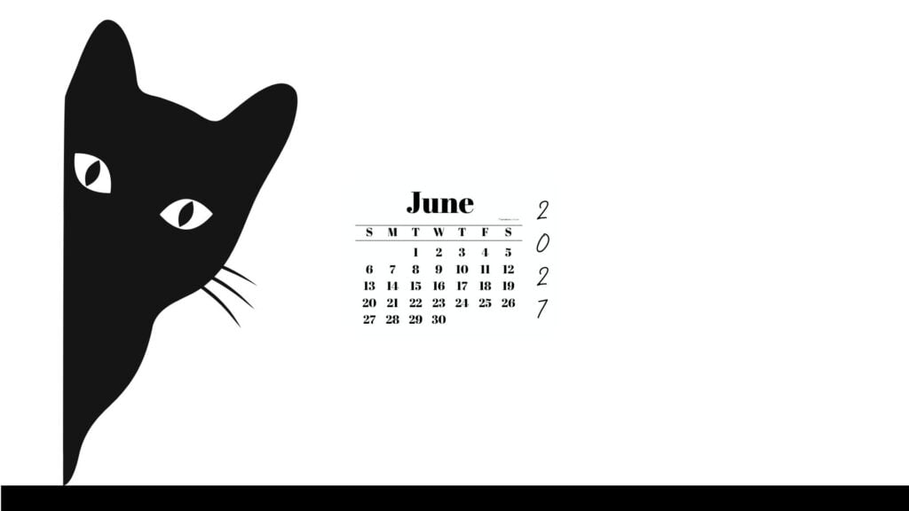 June Desktop Wallpaper 2027 - Black Cat White Background | SaturdayGift