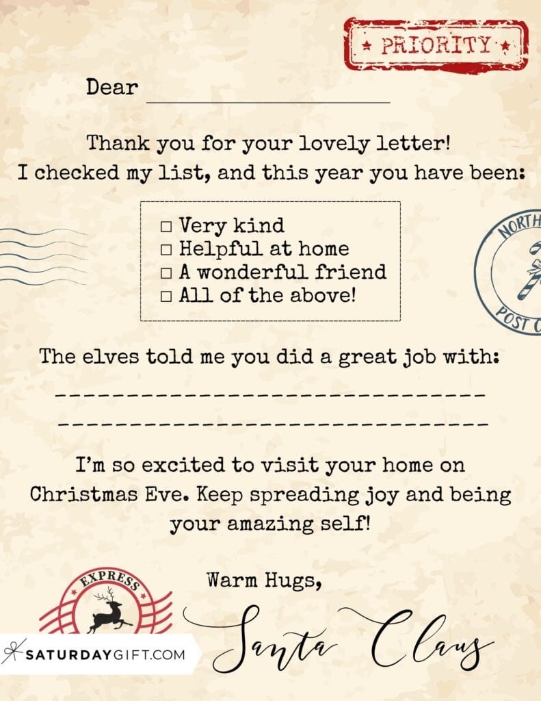 Letter from Santa Printable Free - North Pole Express - Version 1 Old Paper | SaturdayGift