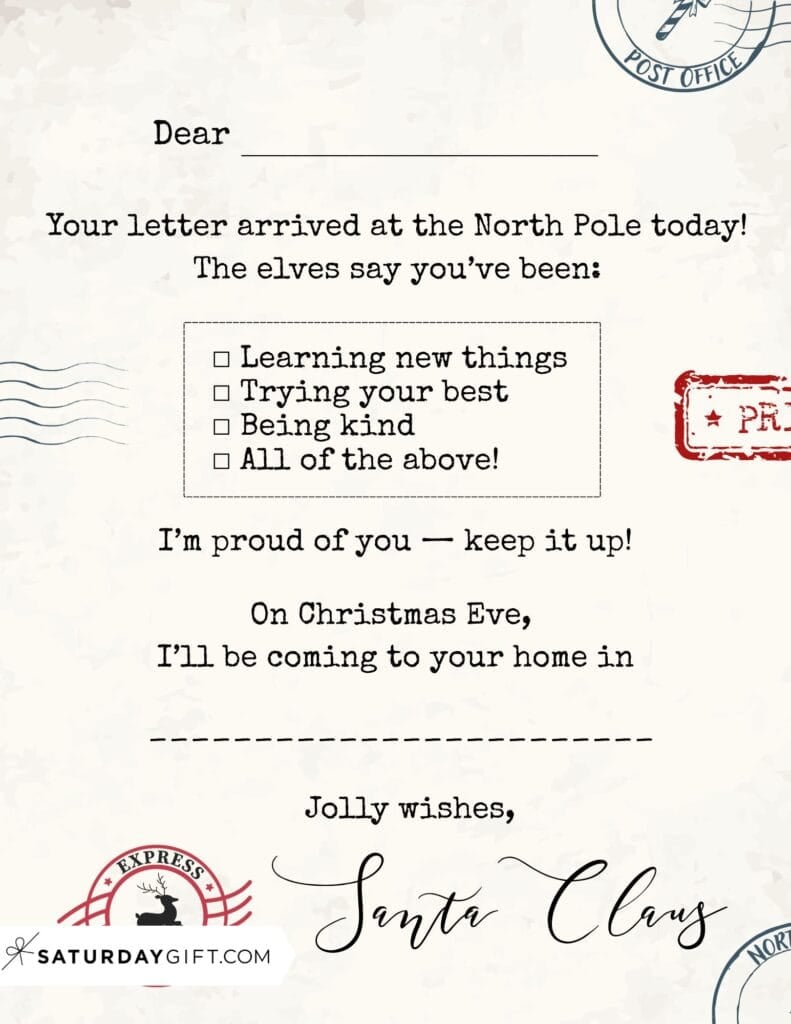 Letter from Santa Printable Free Template - North Pole Express - Version 3 Vintage Stamps | SaturdayGift