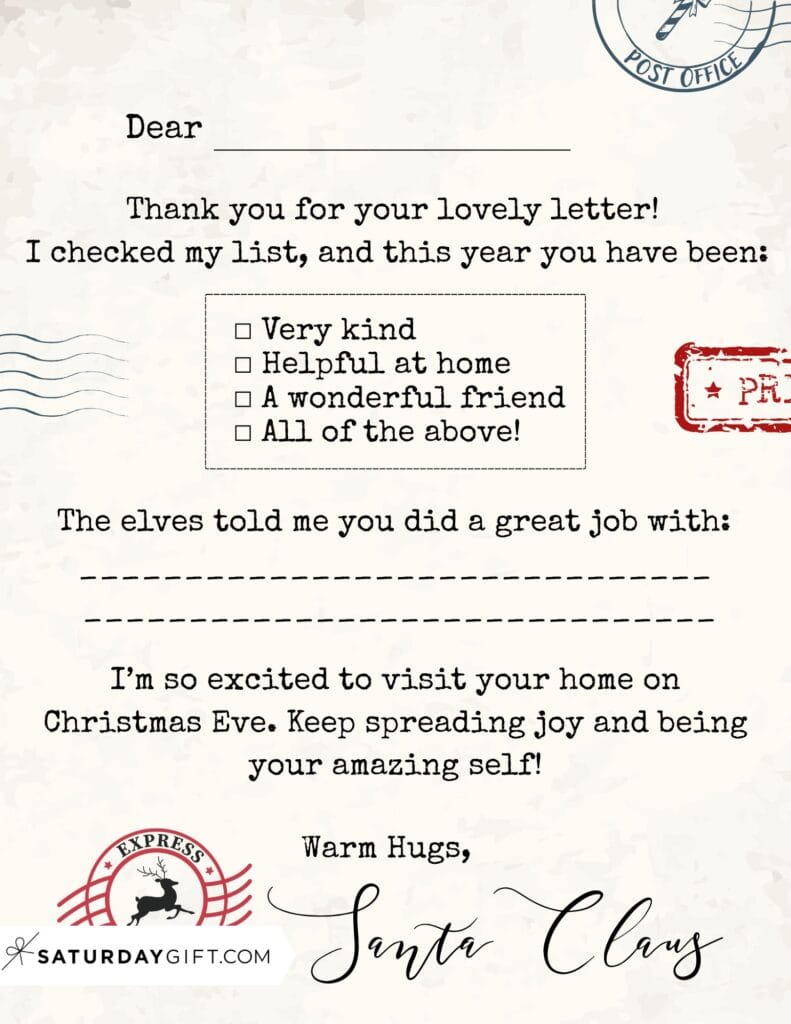Letter from Santa Printable Free Template Version 1 Vintage Stamps | SaturdayGift