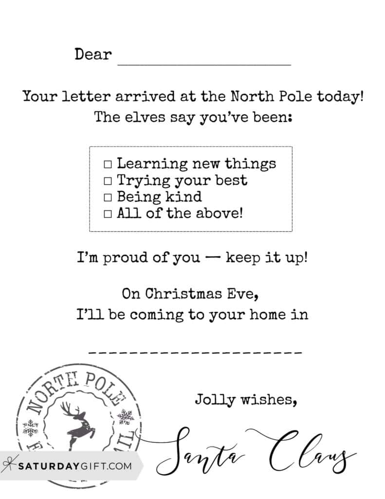 Letter from Santa Printable Free Version 3 Minimal Black & White | SaturdayGift