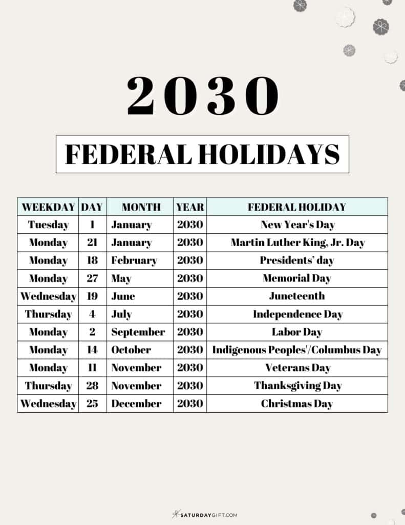List of Federal Holidays 2030 in the US - beige | SaturdayGift