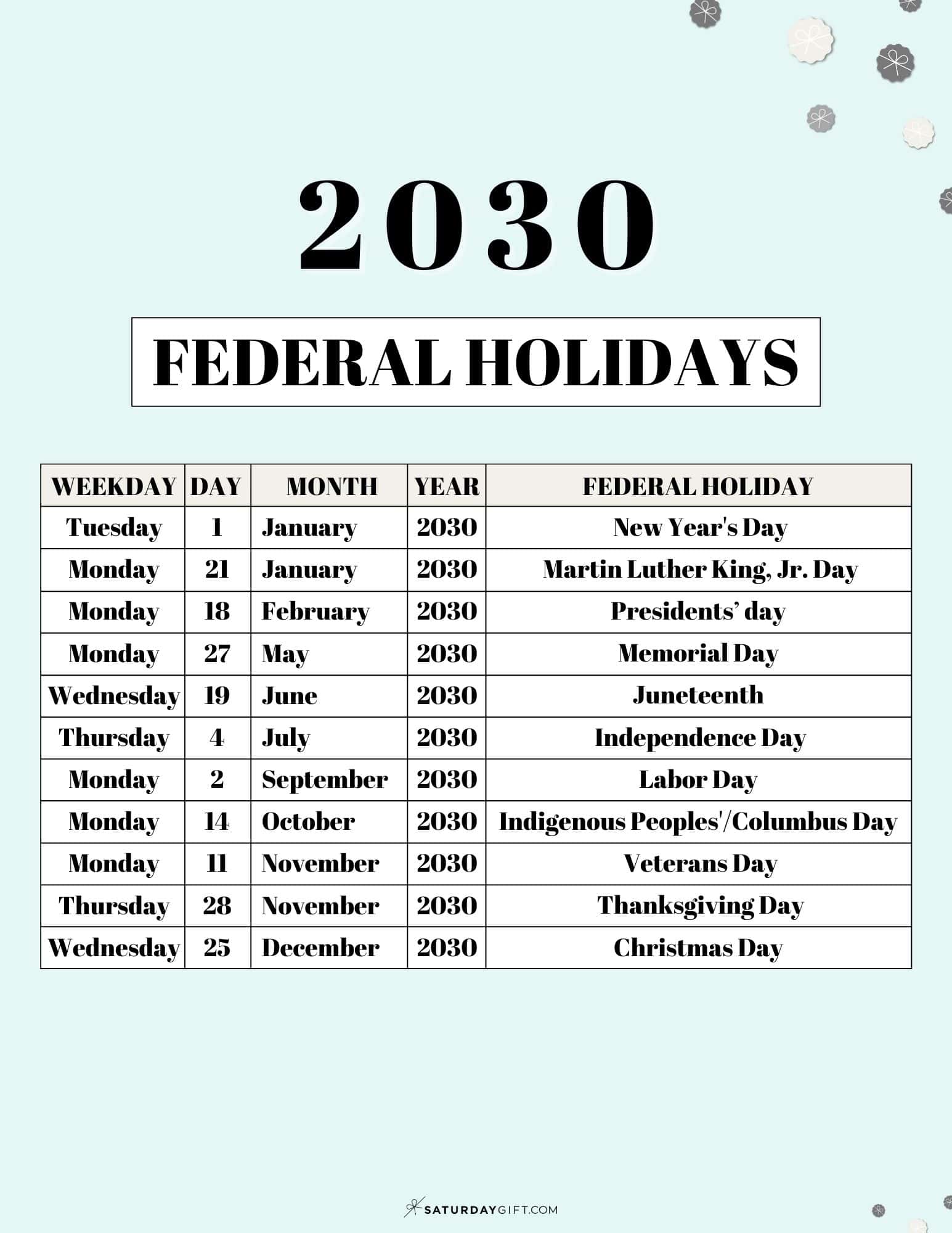 List of Federal Holidays 2030 in the US - green | SaturdayGift