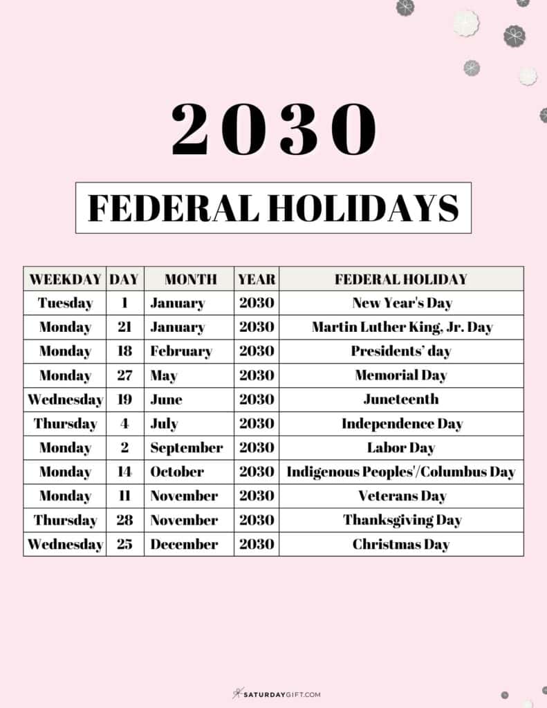 List of Federal Holidays 2030 in the US - pink | SaturdayGift