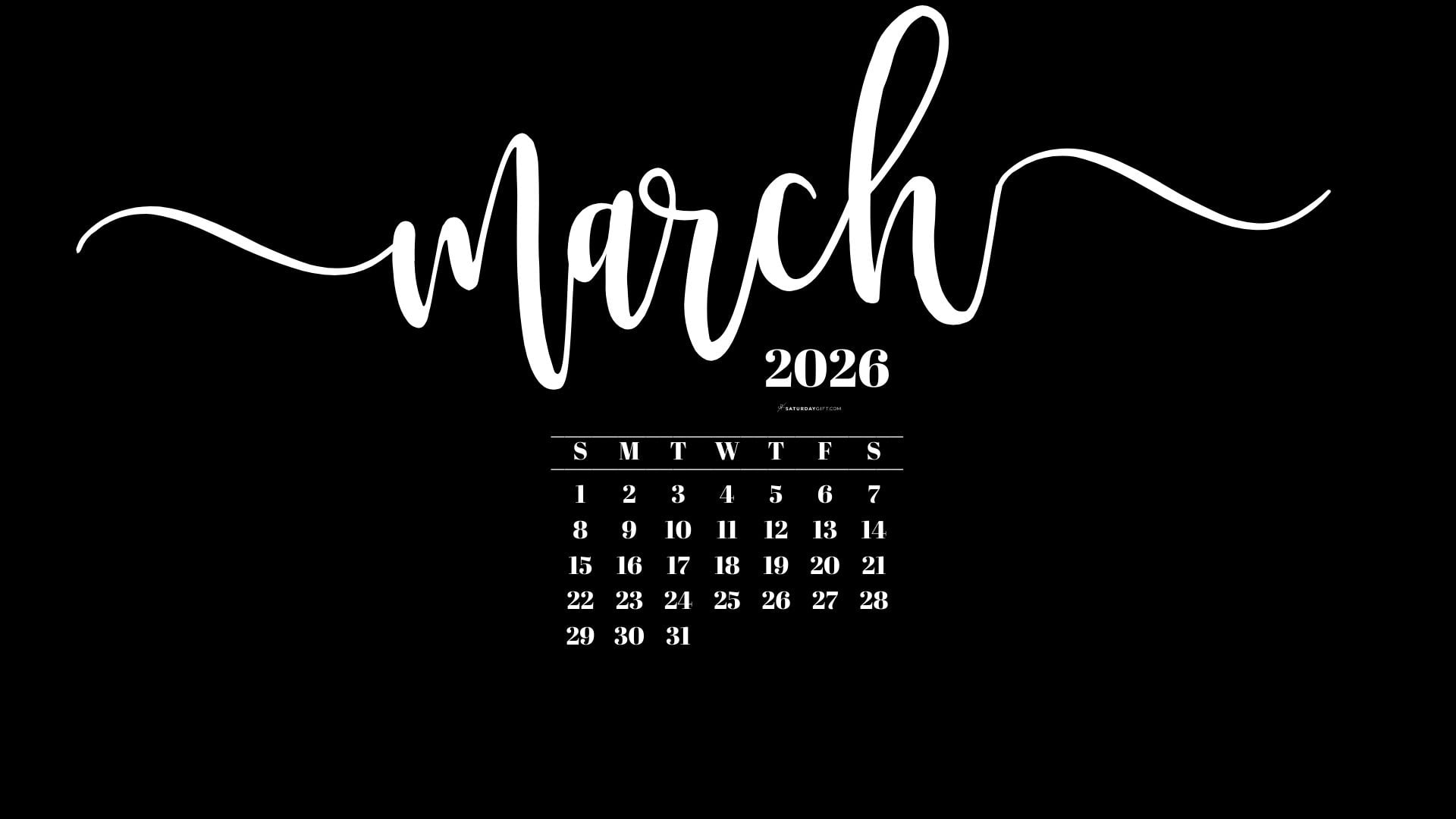 March 2026 Desktop Background Wallpaper - Black | SaturdayGift