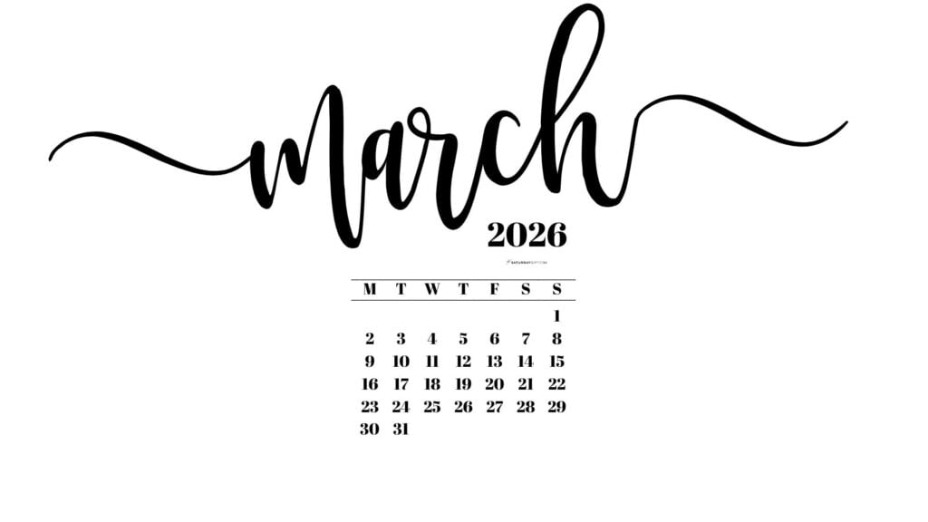 March 2026 Desktop Background Wallpaper - White | SaturdayGift