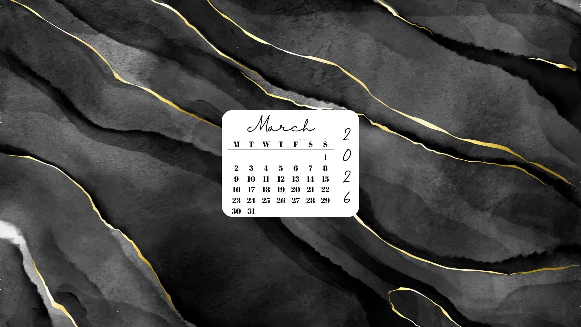 March 2026 Desktop Wallpaper Background - Black & Gold Watercolor | SaturdayGift