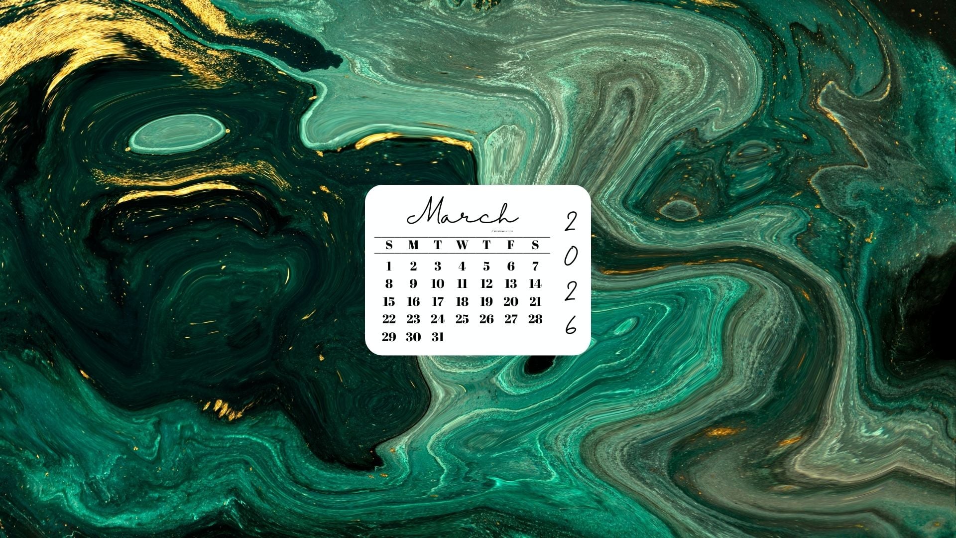 March 2026 Desktop Wallpaper Background - Green & Gold | SaturdayGift