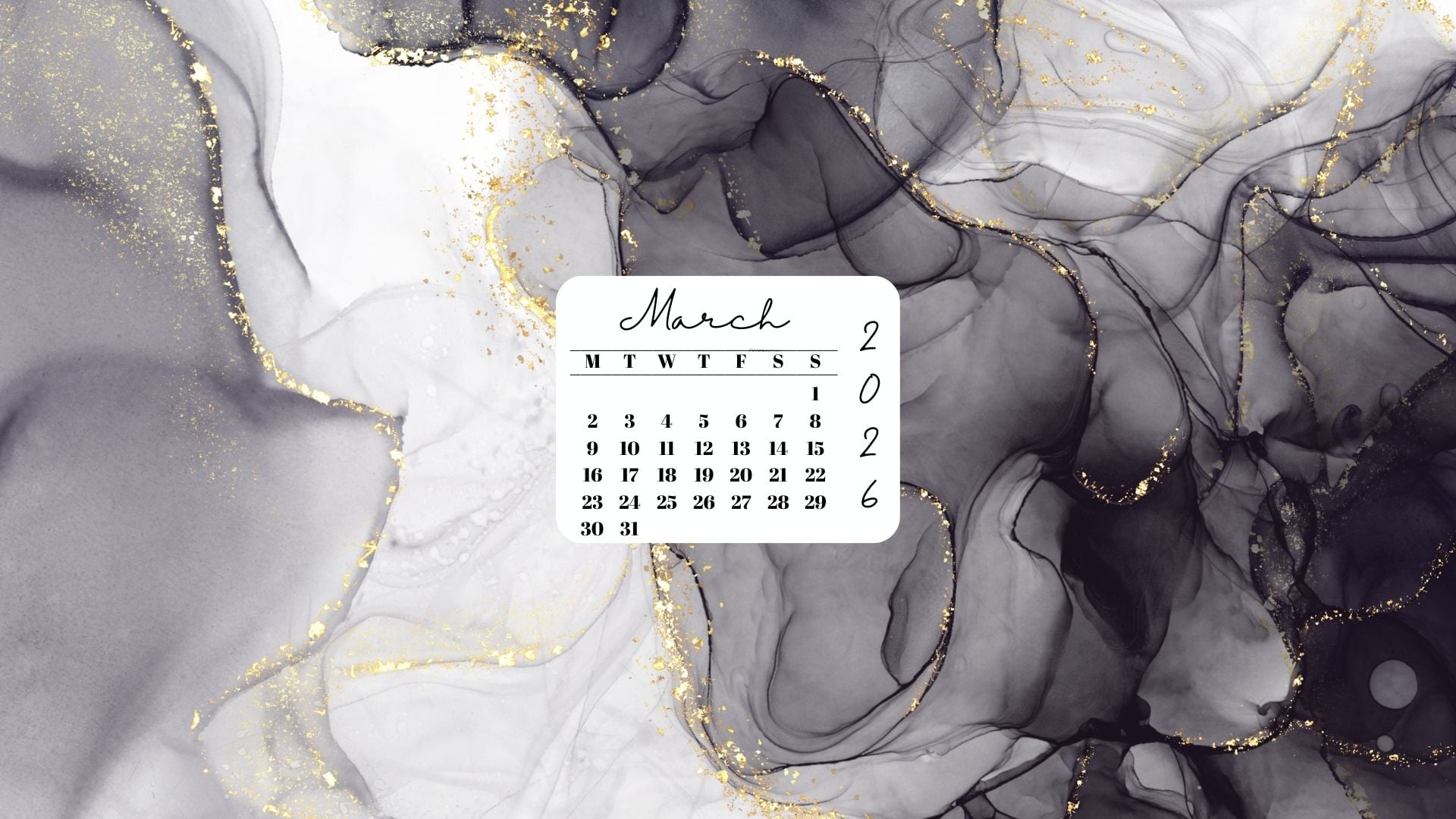 March 2026 Desktop Wallpaper Background - Grey & Gold | SaturdayGift