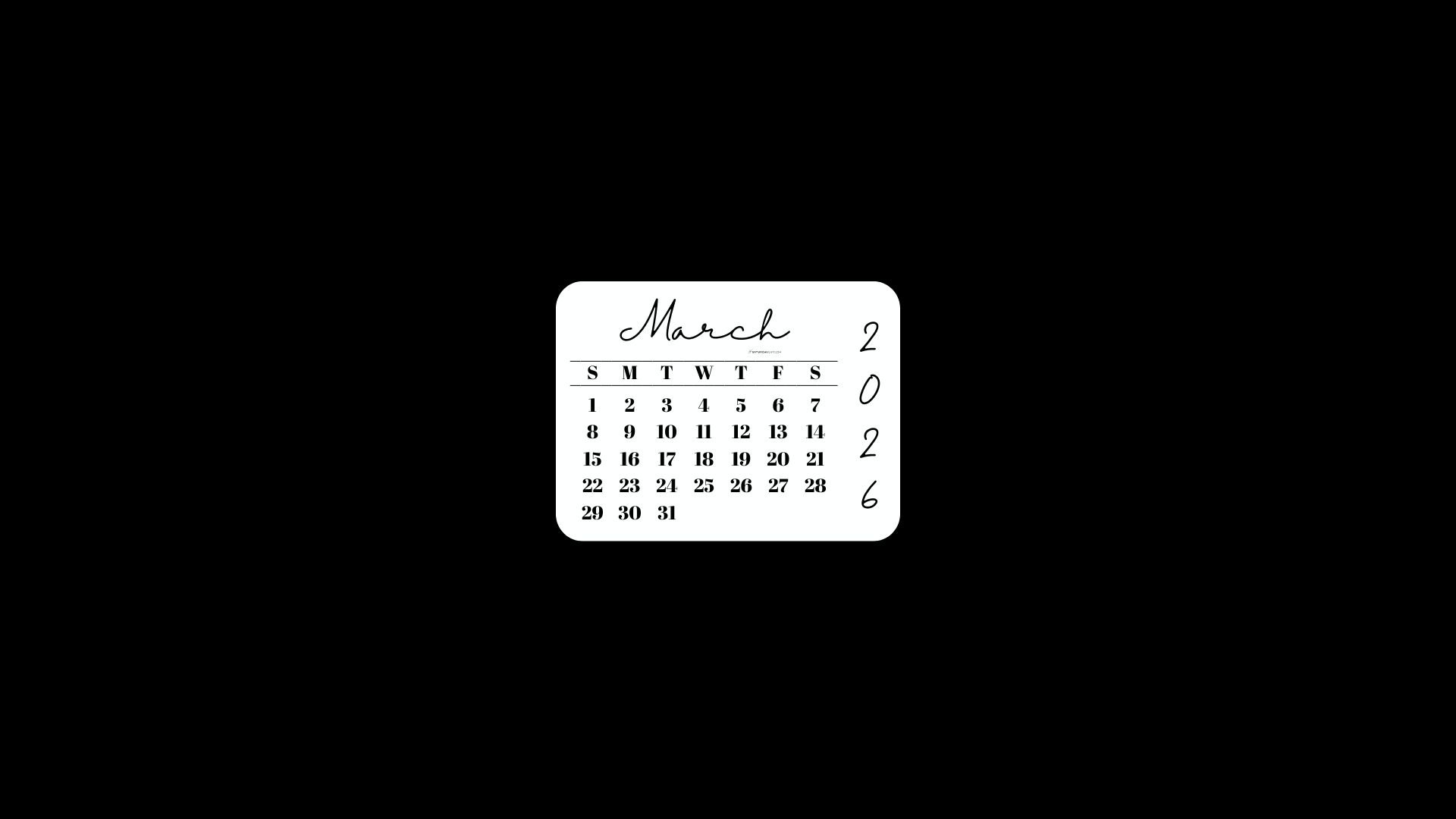March 2026 Desktop Wallpaper Background - Minimal Black | SaturdayGift