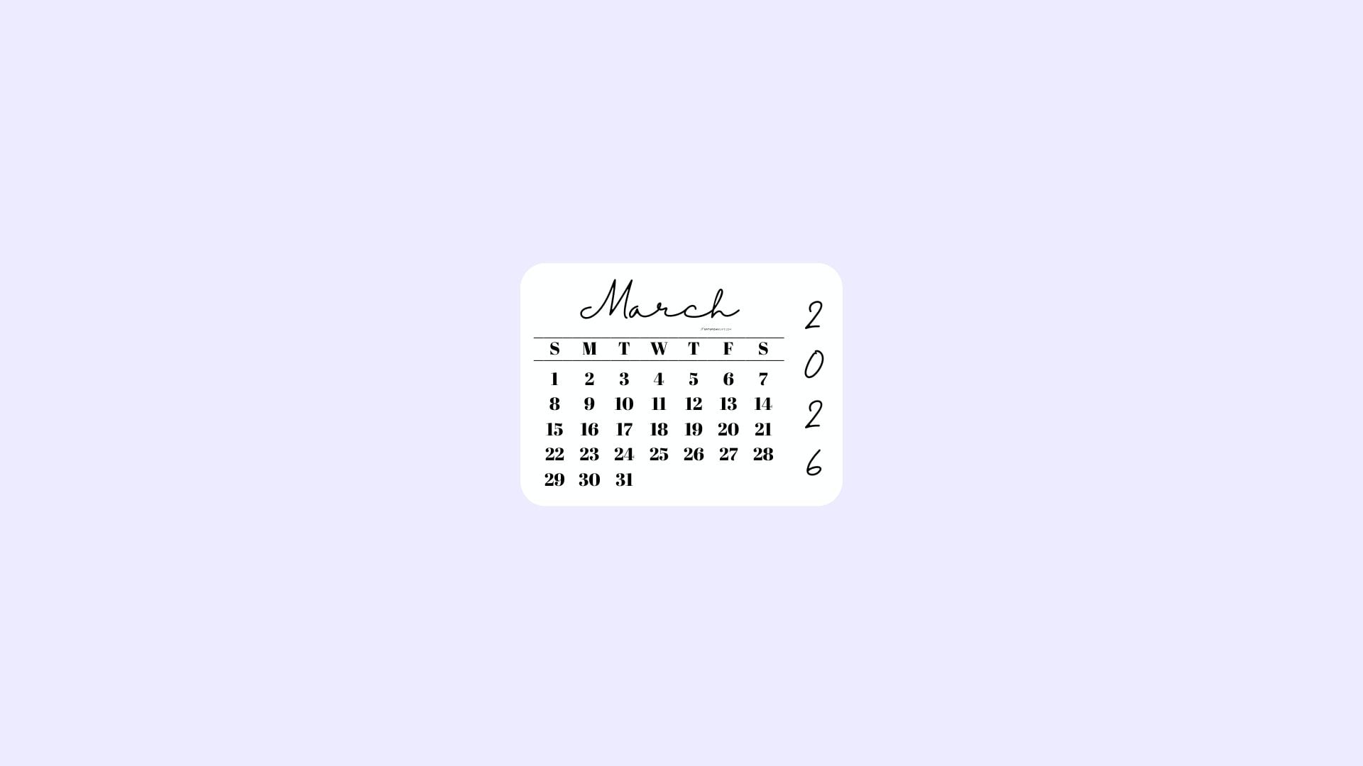 March 2026 Desktop Wallpaper Background - Simple Lilac | SaturdayGift