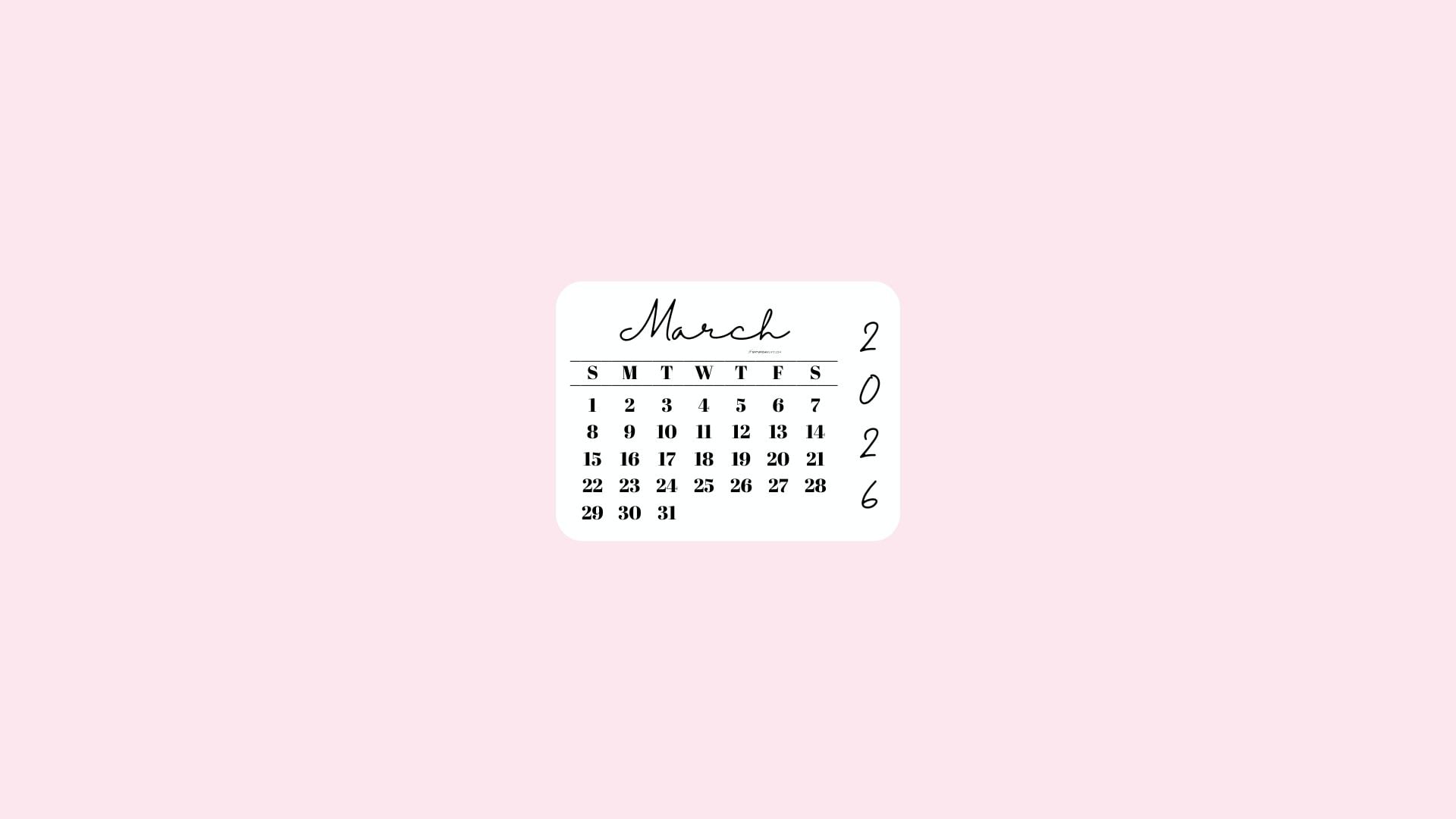 March 2026 Desktop Wallpaper Background - Simple Pink | SaturdayGift