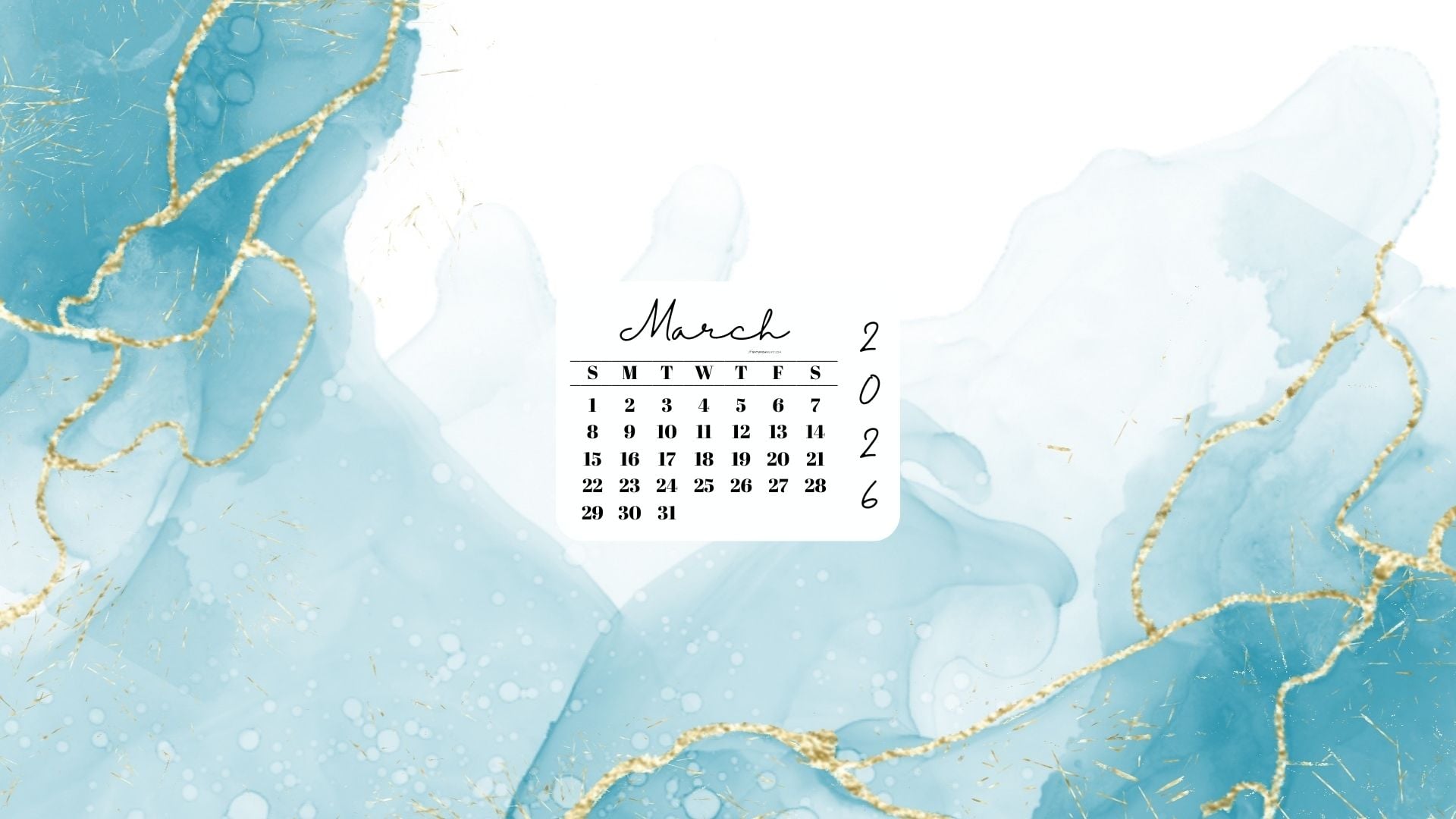 March 2026 Desktop Wallpaper Background - Turquoise Marble | SaturdayGift