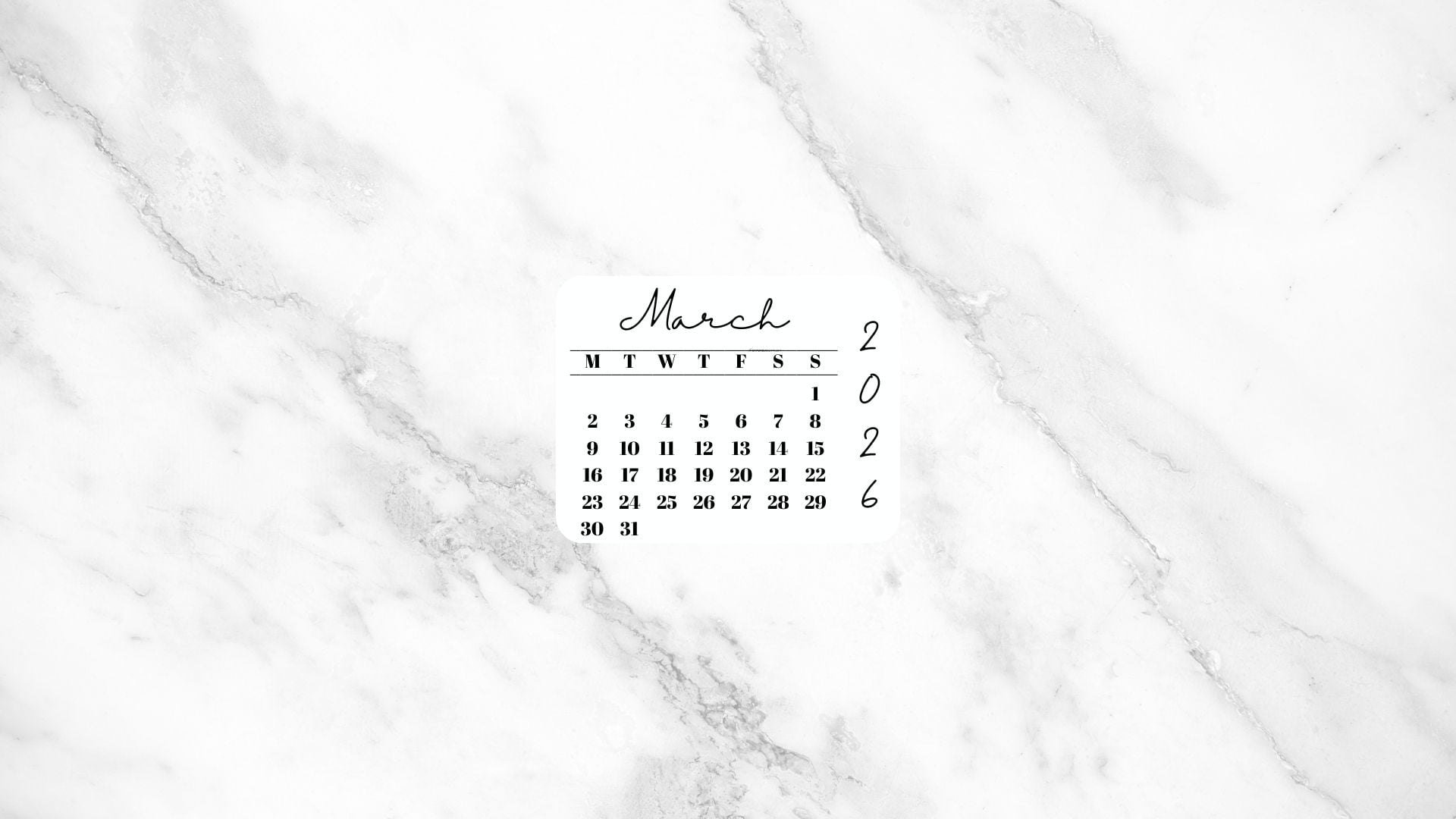 March 2026 Desktop Wallpaper Background - White Marble | SaturdayGift