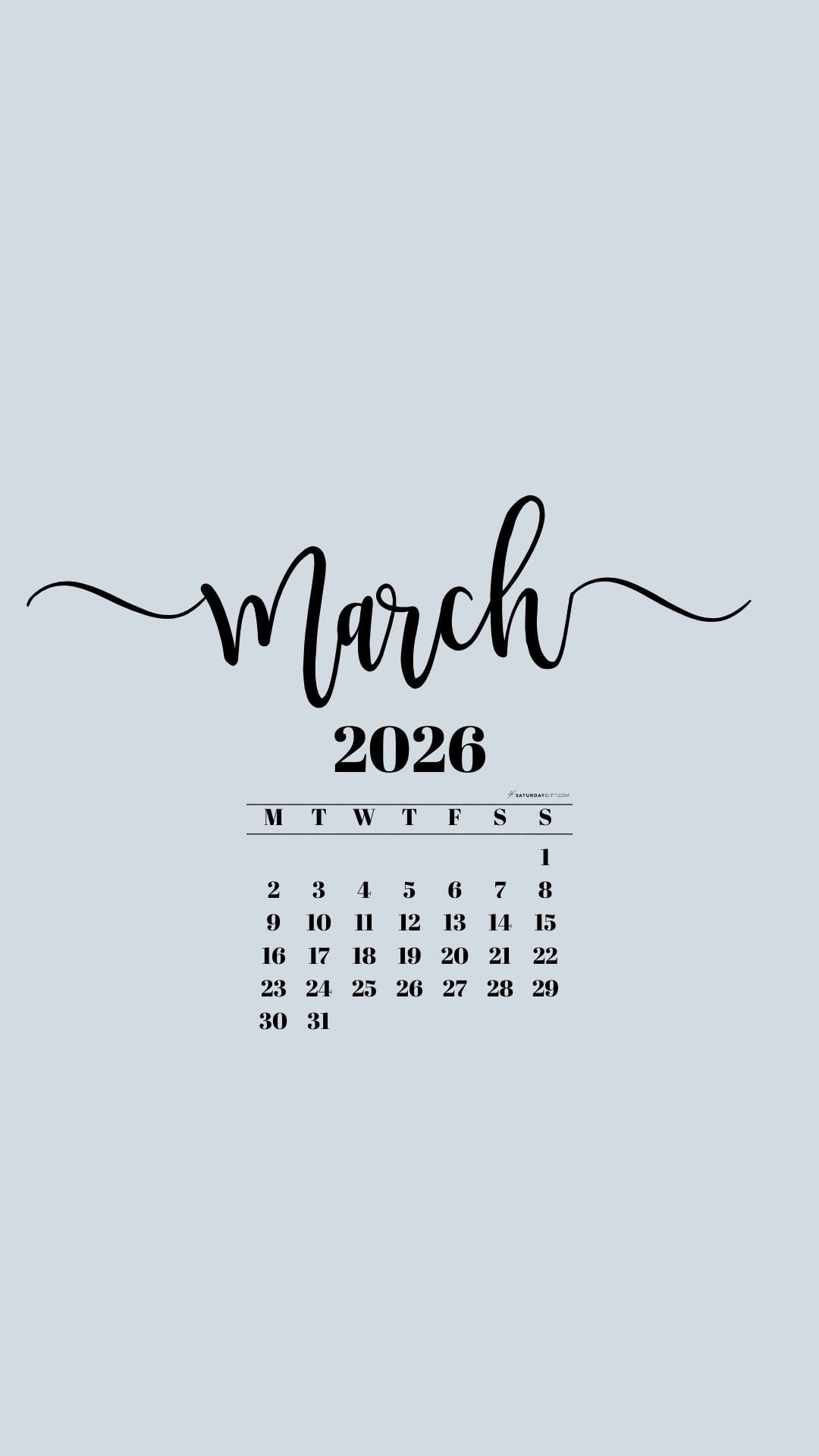 March 2026 Phone Background Wallpaper - Grey | SaturdayGift