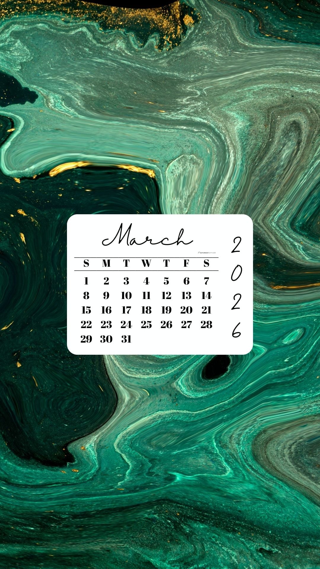 March 2026 Phone Wallpaper Background - Green & Gold | SaturdayGift