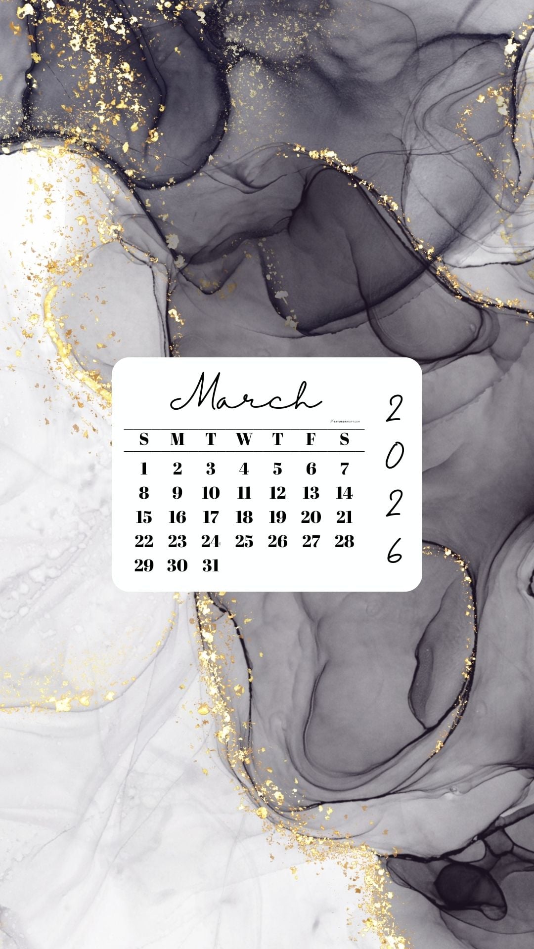 March 2026 Phone Wallpaper Background - Grey & Gold | SaturdayGift