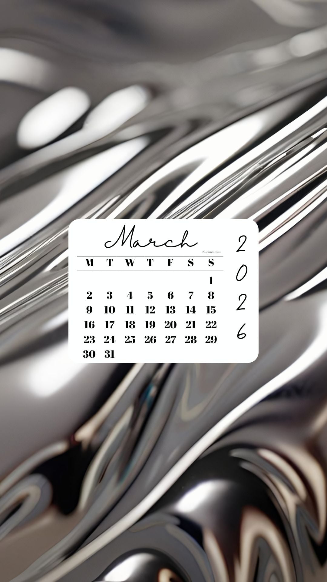 March 2026 Phone Wallpaper Background - Liquid Silver | SaturdayGift
