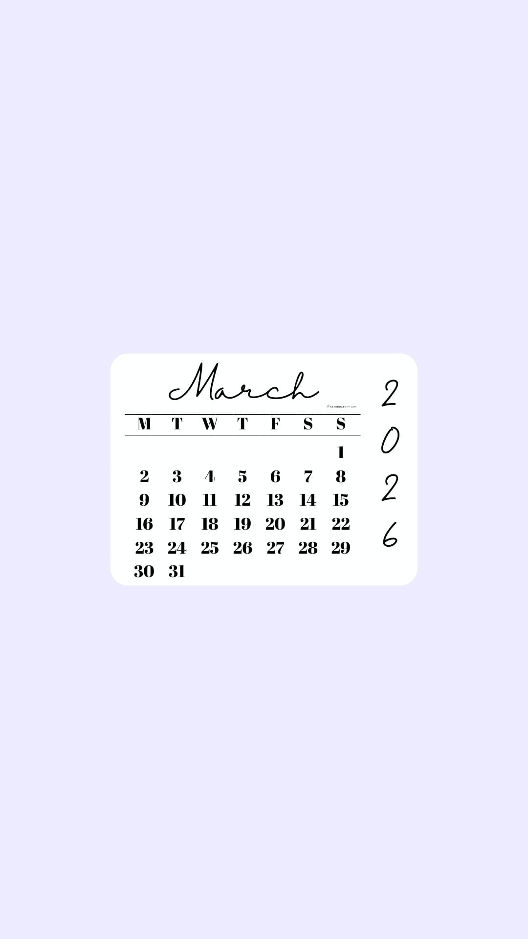 March 2026 Phone Wallpaper Background - Simple Lilac | SaturdayGift