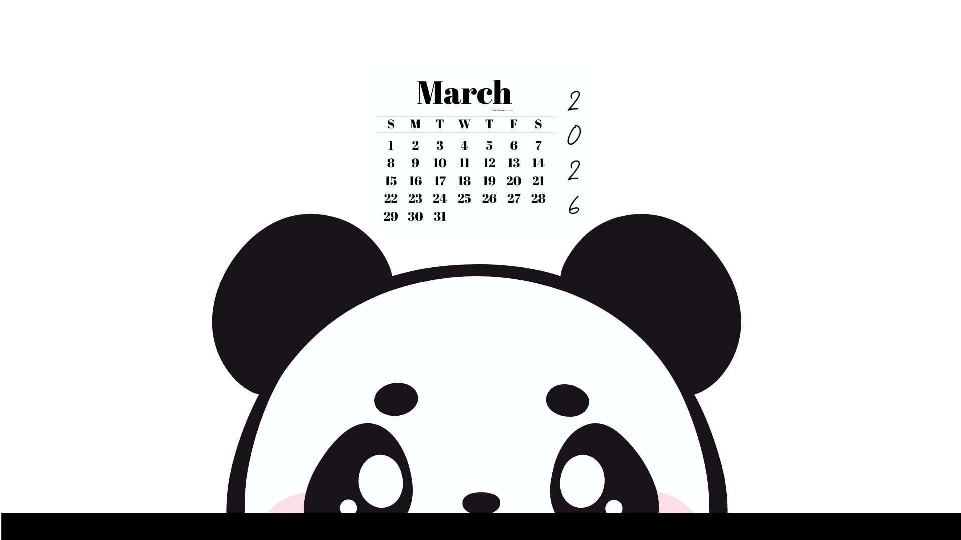 March 2026 Wallpaper for Desktop - Shy Panda | SaturdayGift