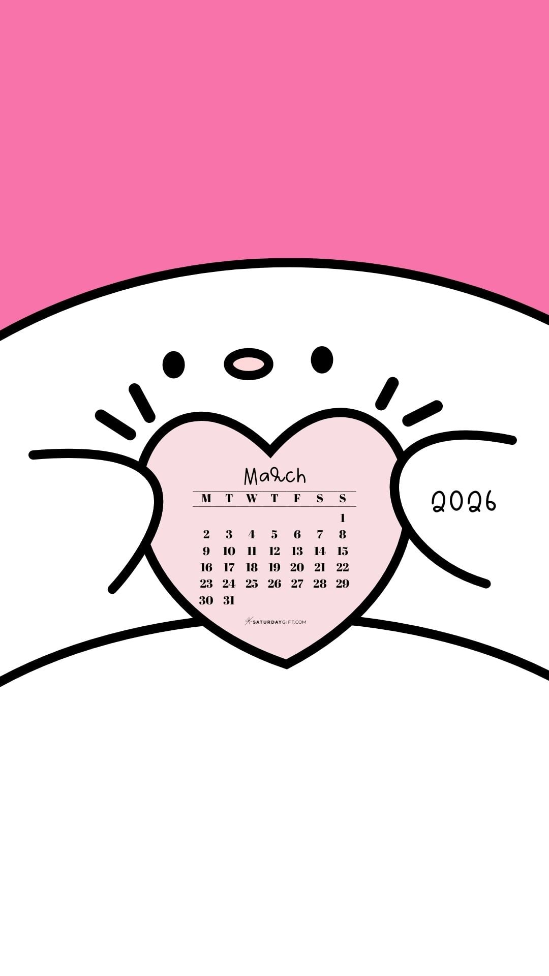 March 2026 Wallpaper for Phone - Friendly Creature Pink | SaturdayGift