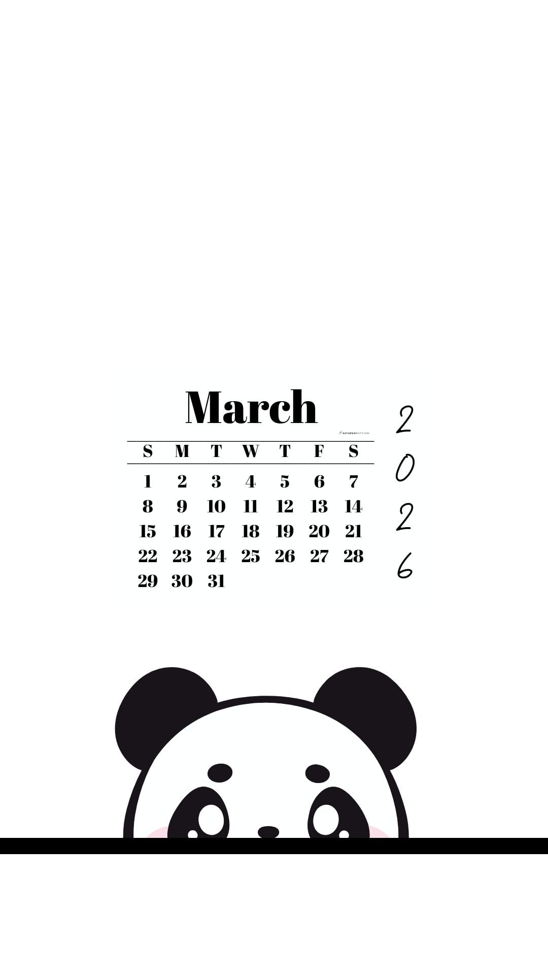 March 2026 Wallpaper for Phone - Shy Panda | SaturdayGift