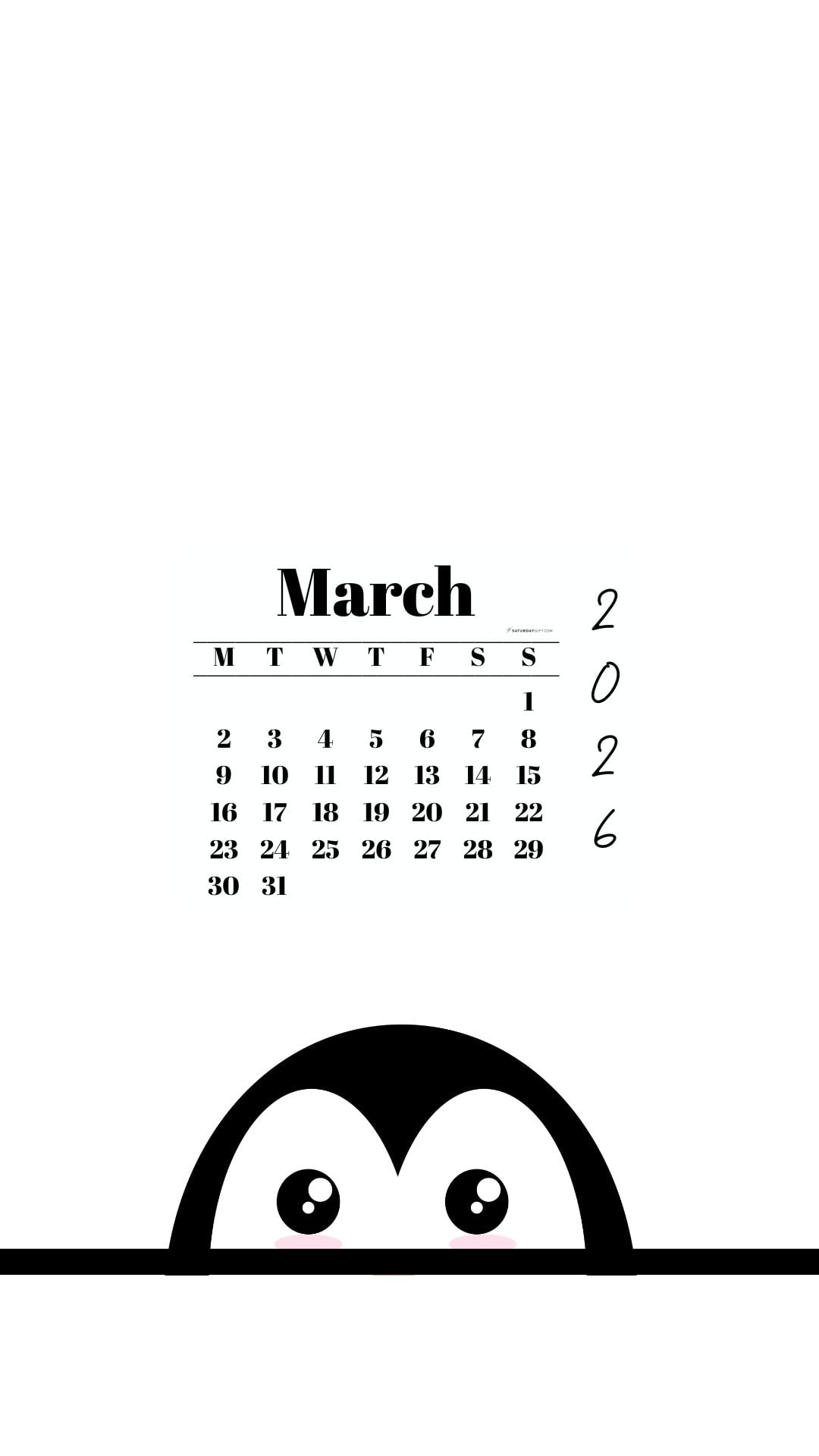 March 2026 Wallpaper for Phone - Shy Penguin | SaturdayGift