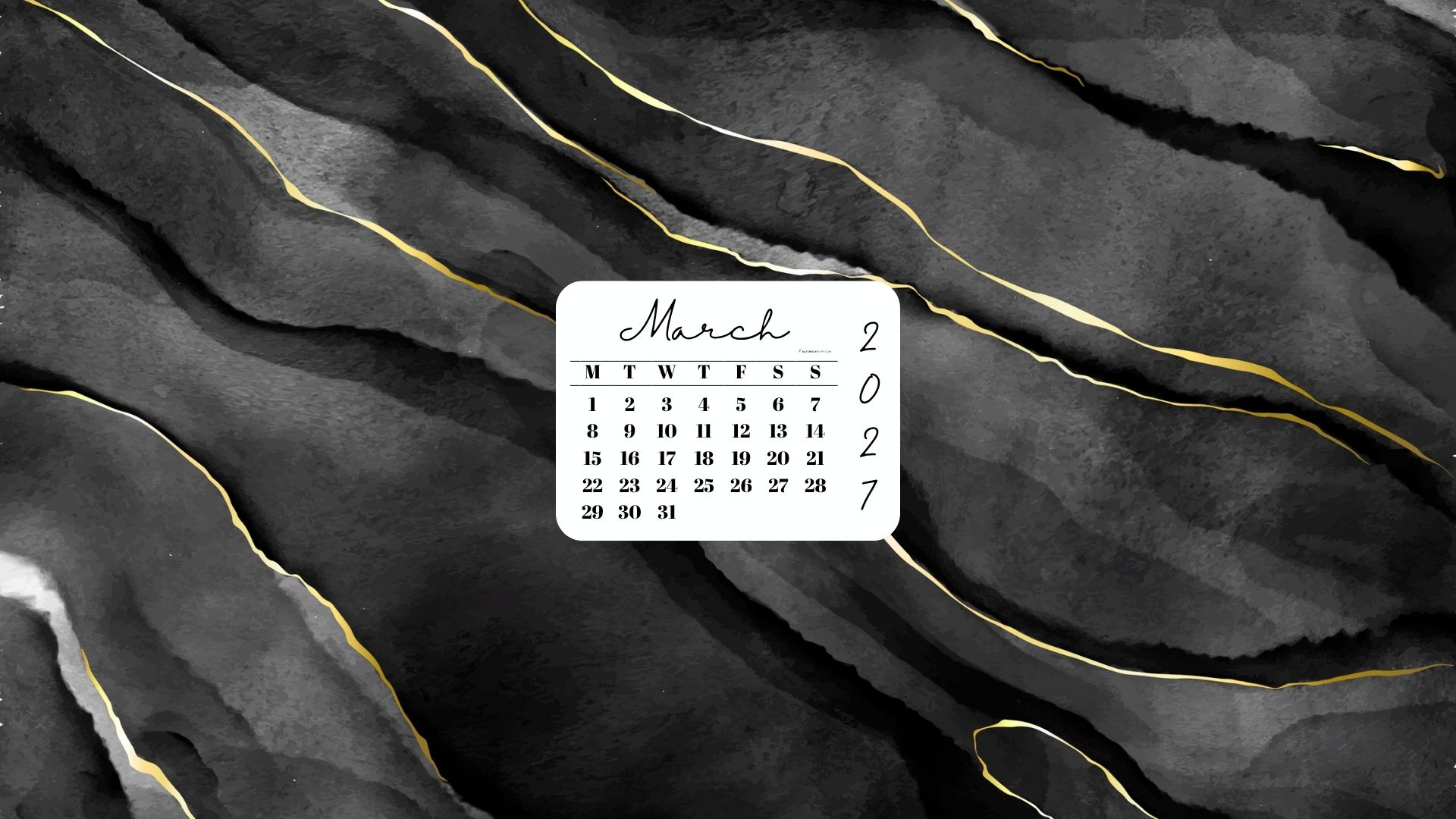 March 2027 Desktop Wallpaper Background - Black & Gold Watercolor | SaturdayGift