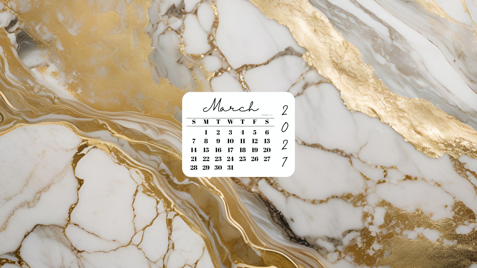 March 2027 Desktop Wallpaper Background - Gold Marble | SaturdayGift