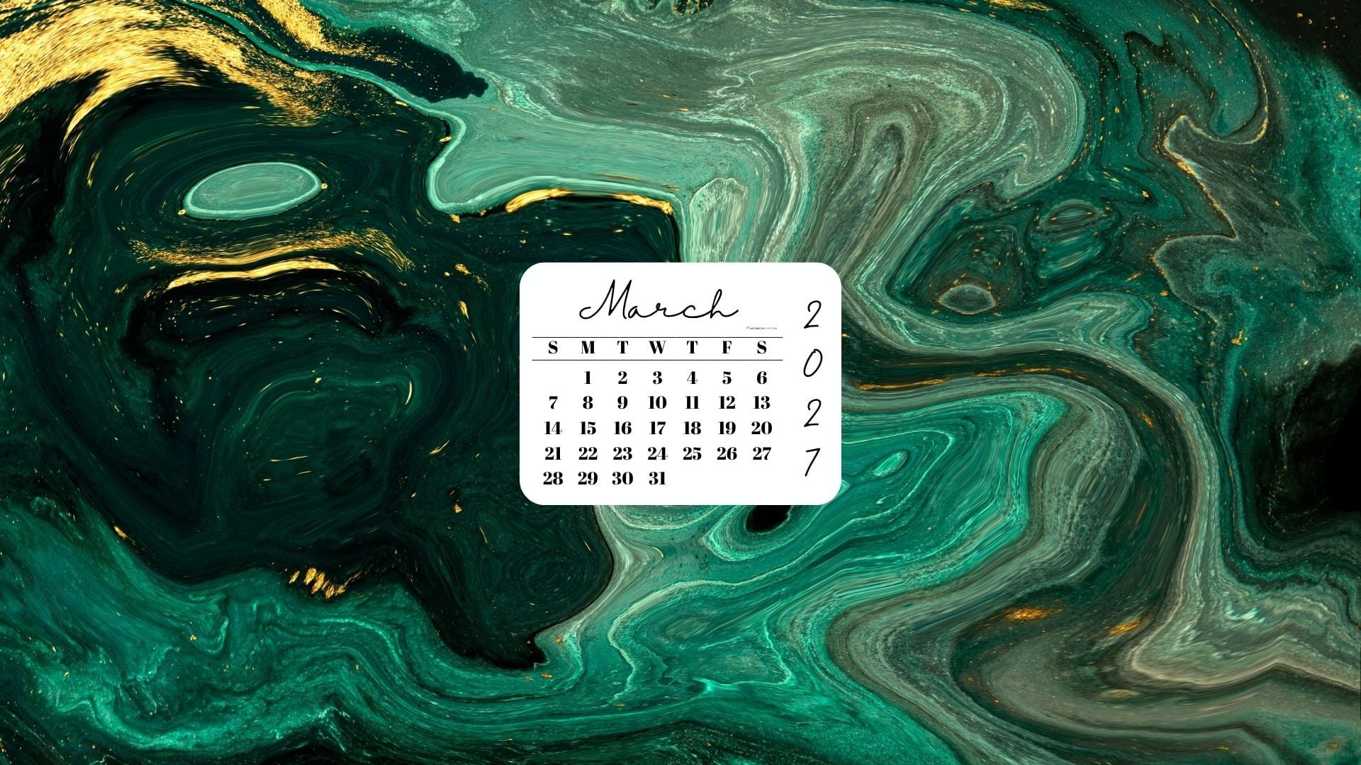March 2027 Desktop Wallpaper Background - Green & Gold | SaturdayGift