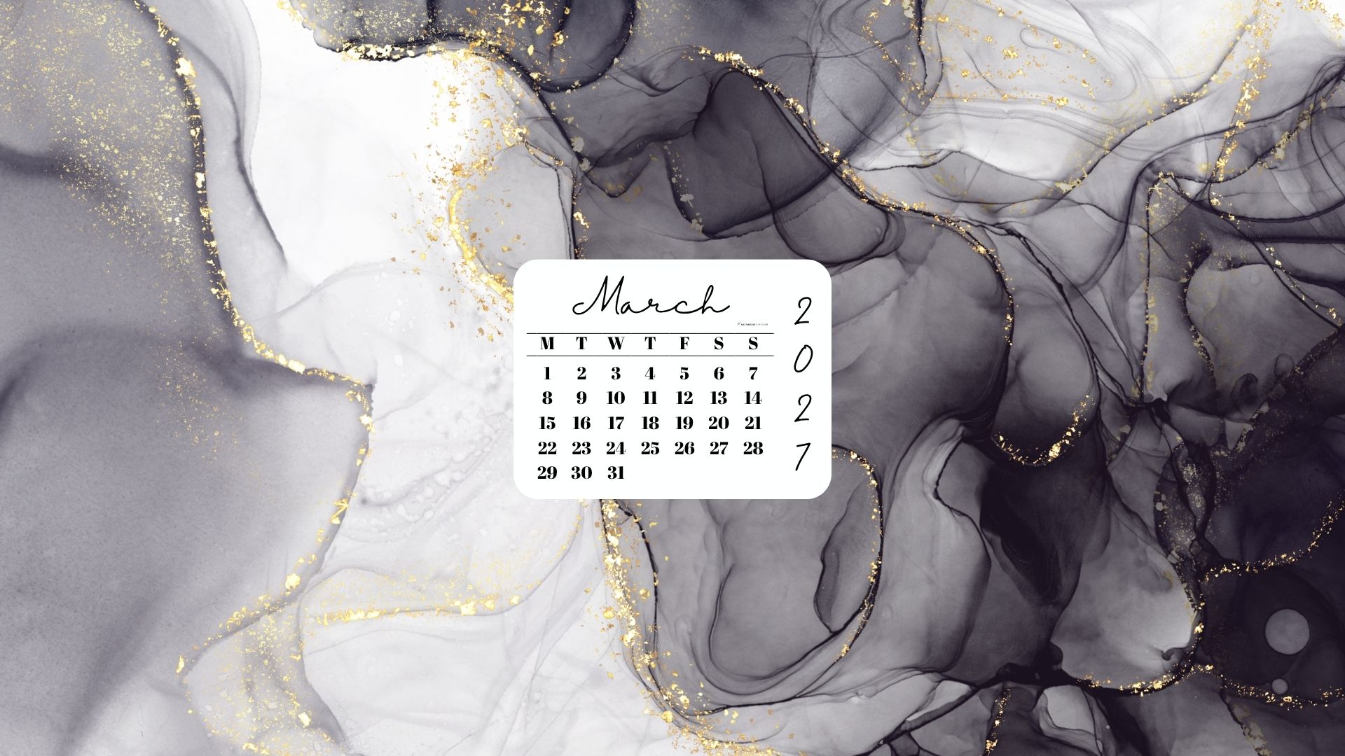 March 2027 Desktop Wallpaper Background - Grey & Gold | SaturdayGift