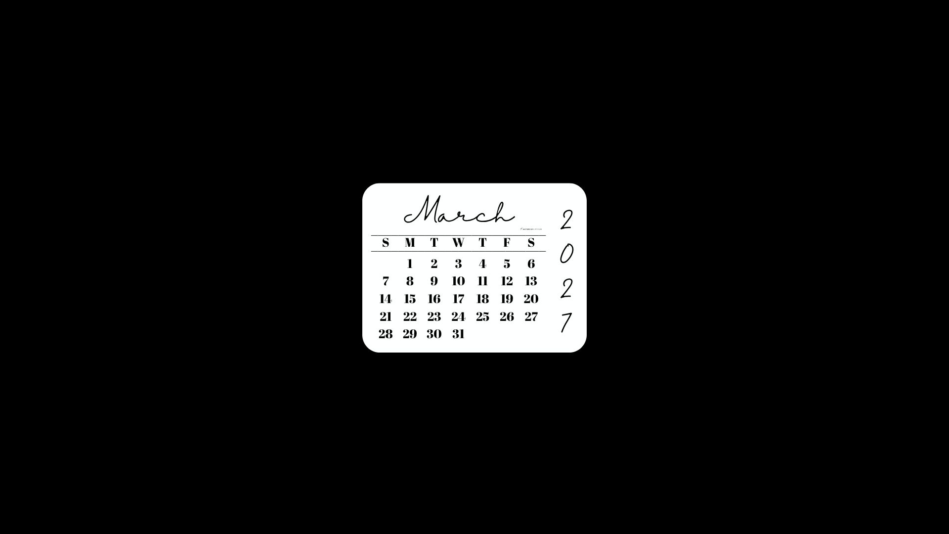March 2027 Desktop Wallpaper Background - Minimal Black | SaturdayGift