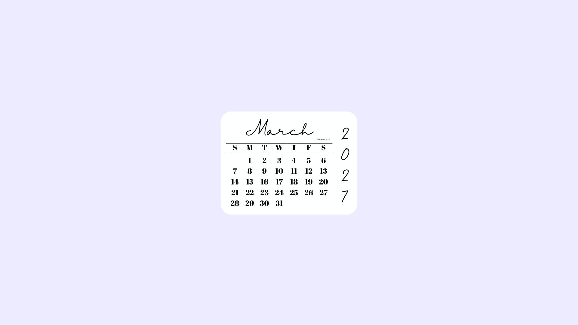 March 2027 Desktop Wallpaper Background - Simple Lilac | SaturdayGift