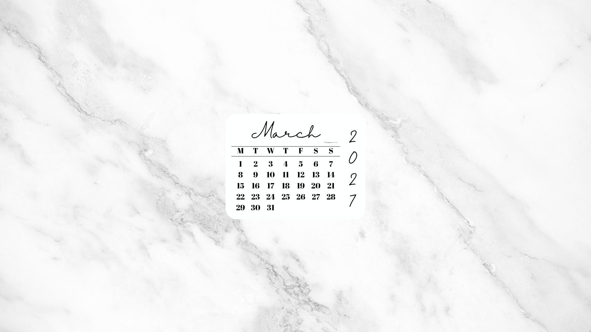 March 2027 Desktop Wallpaper Background - White Marble | SaturdayGift