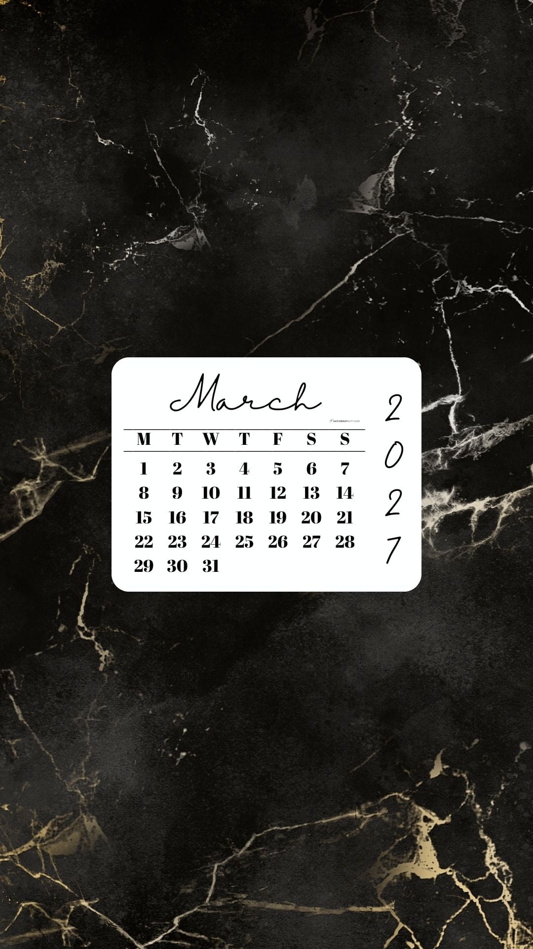 March 2027 Phone Wallpaper Background - Black & Gold Marble | SaturdayGift