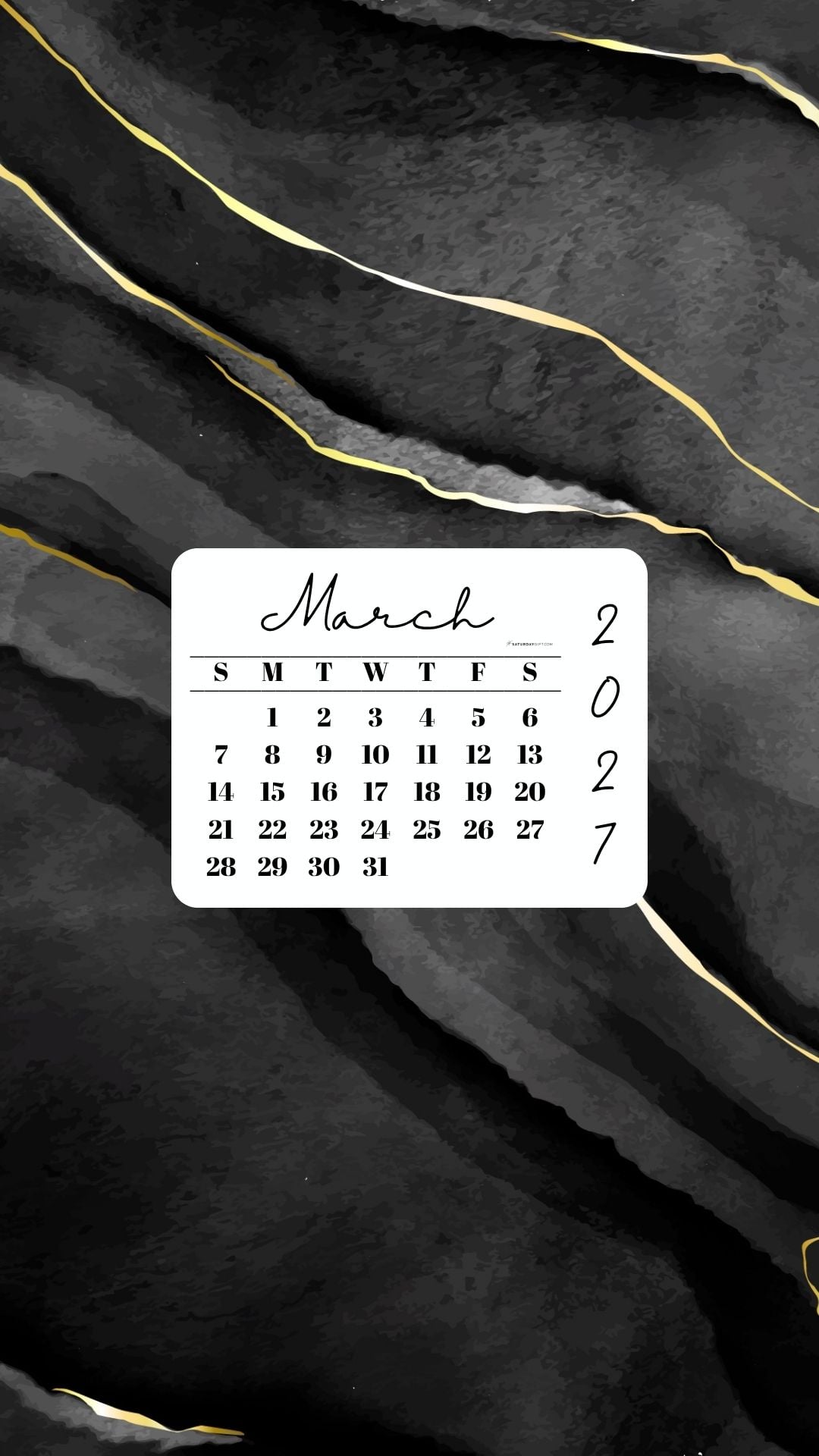 March 2027 Phone Wallpaper Background - Black & Gold Watercolor | SaturdayGift