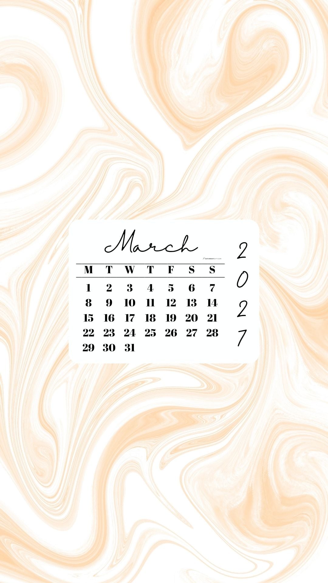 March 2027 Phone Wallpaper Background - Light Marble | SaturdayGift