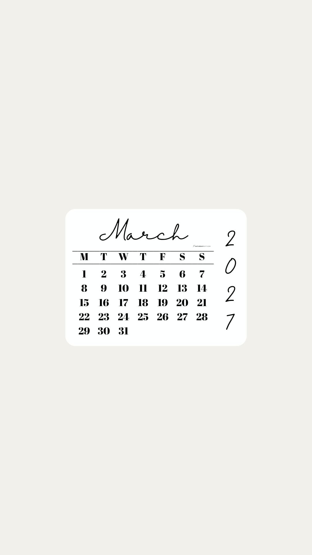 March 2027 Phone Wallpaper Background - Minimal Beige | SaturdayGift