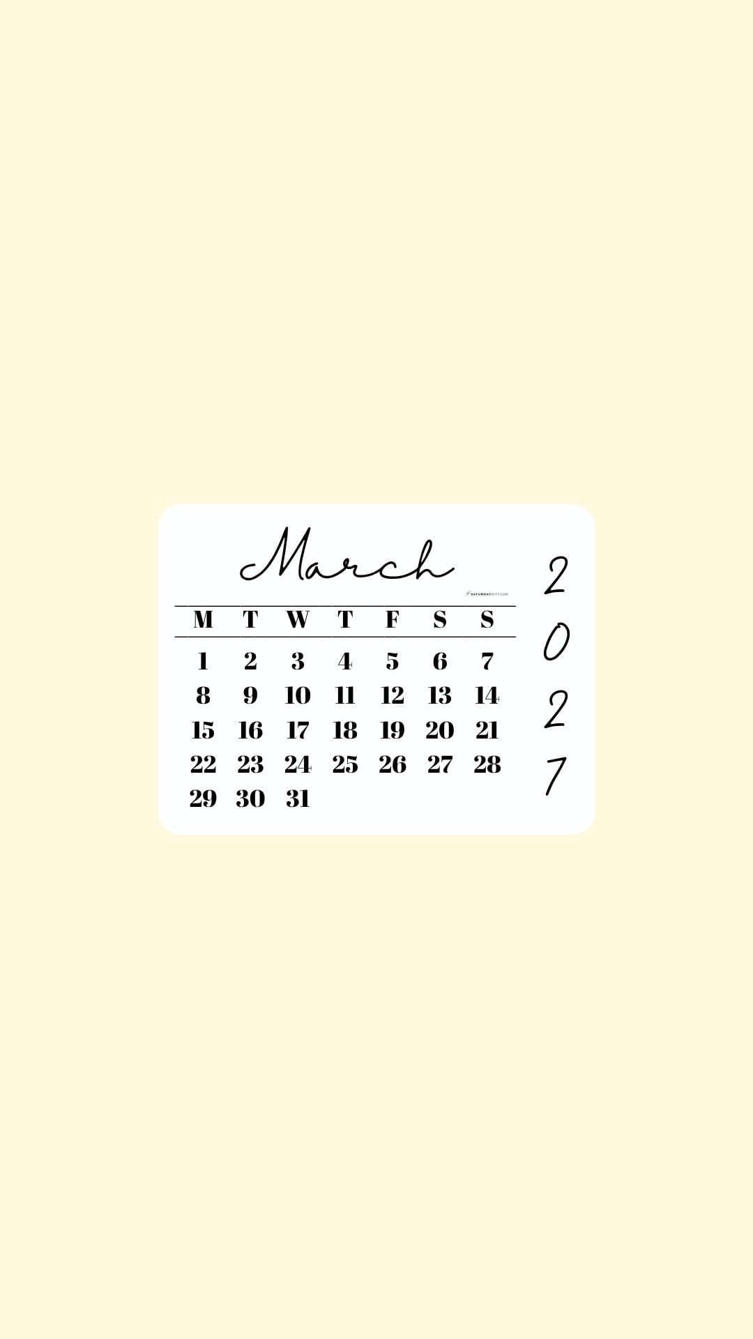 March 2027 Phone Wallpaper Background - Minimal Yellow | SaturdayGift