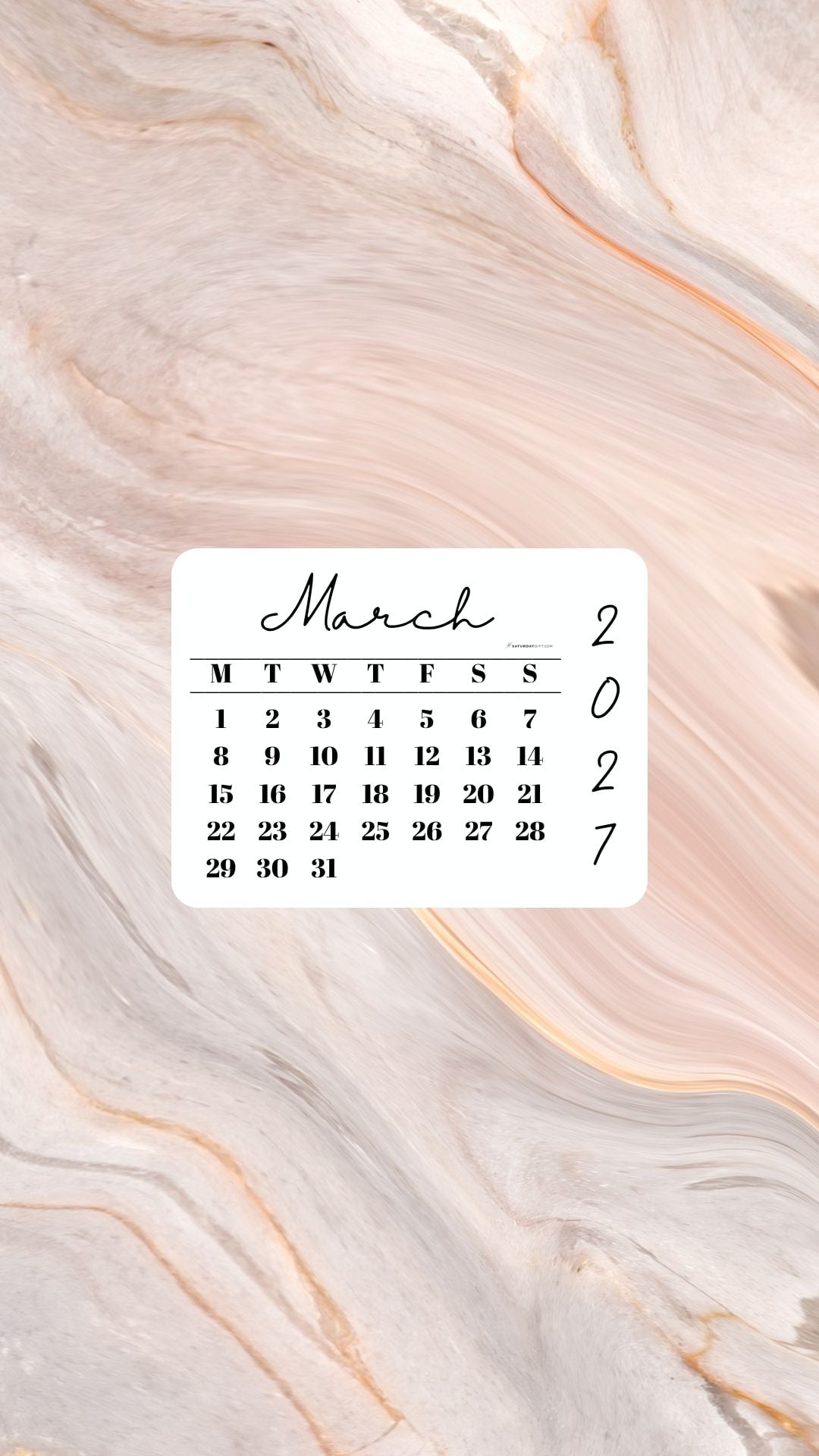March 2027 Phone Wallpaper Background - Peach Marble | SaturdayGift